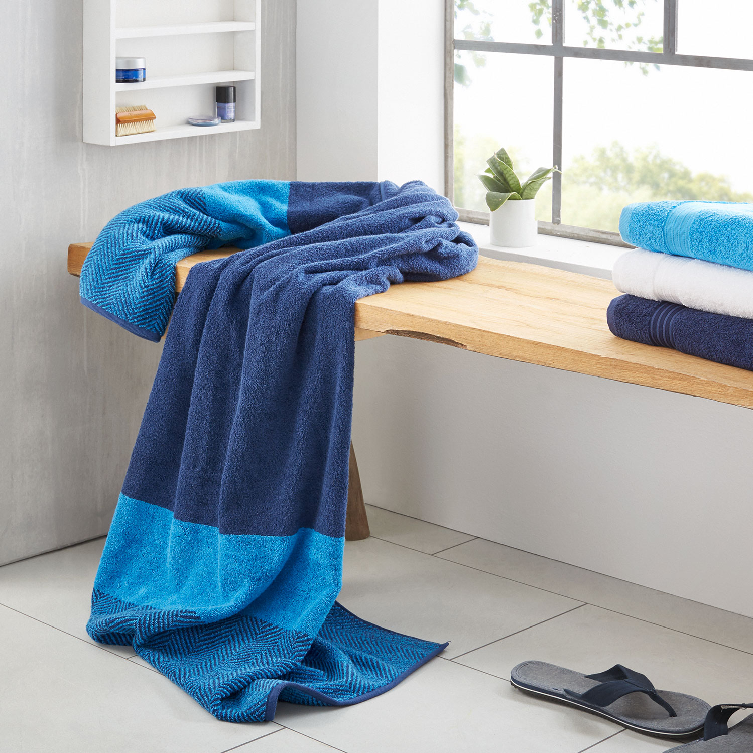 Baumwolle, Sauna, Two-Tone Stripe, blau, silber | Dyckhoff GmbH