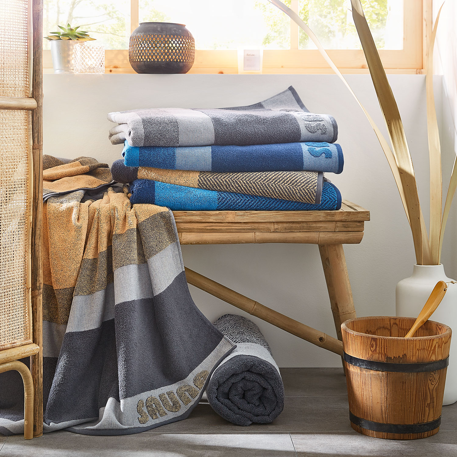 Baumwolle, Sauna, Two-Tone Stripe, blau, silber | Dyckhoff GmbH | Handtuch-Sets